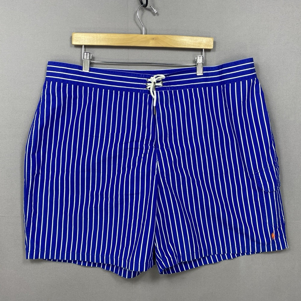 VTG Polo Ralph Lauren Blue Striped Swim Trunks 42 Cotton Nylon Pony Board Shorts